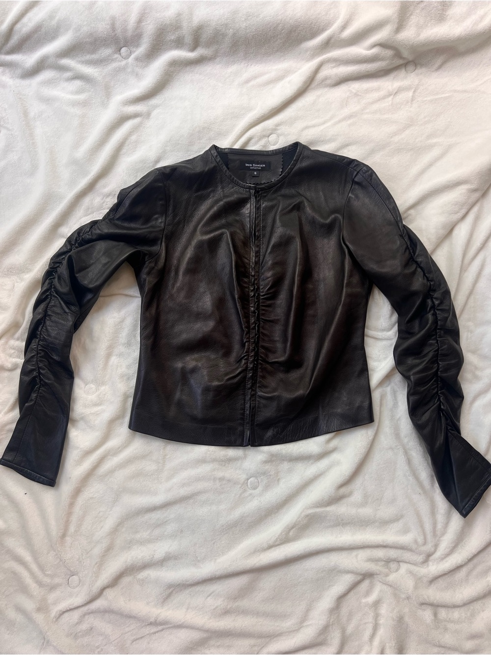 Vintage Iris Singer Collection Black Ruched-Sleeve/Collarless Leather Jacket -